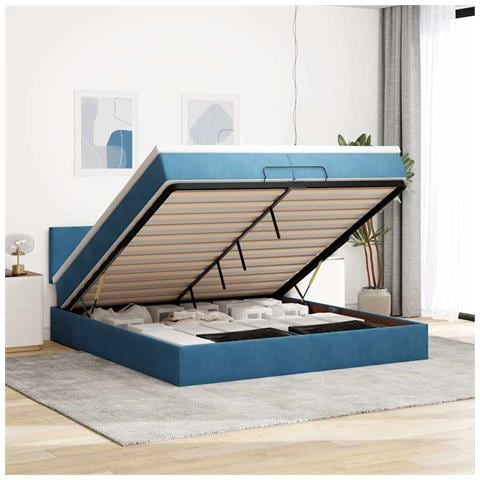 Pouf Letto Con Materassi E Led Blu Scuro 200x200cm Velluto - Foto 1