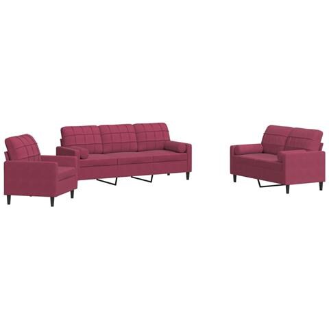 Set Di Divani 3 Pz Con Cuscini E Rinforzi Rosso Vino In Velluto - Foto 2