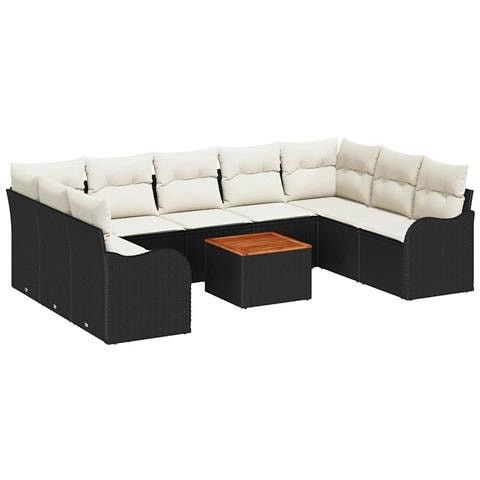 Set Divano da Giardino  10 Pezzi con Cuscini Nero Polyrattan Acacia, Divano da Giardino  2-Persone con Cuscini Nero Polyrattan - Foto 1