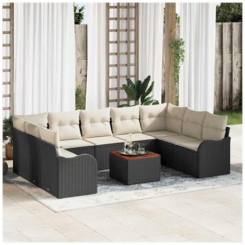Set Divano da Giardino  10 Pezzi con Cuscini Nero Polyrattan Acacia, Divano da Giardino  2-Persone con Cuscini Nero Polyrattan - Foto 2