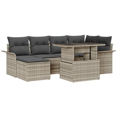 Set di Divano da Giardino a 7 Pezzi con Cuscini Grigio Chiaro in Rattan Polietilene, Divano da Giardino a 2 Posti con Ripostiglio e Cuscini Grigio Chiaro in Rattan Polietilene - Foto 1