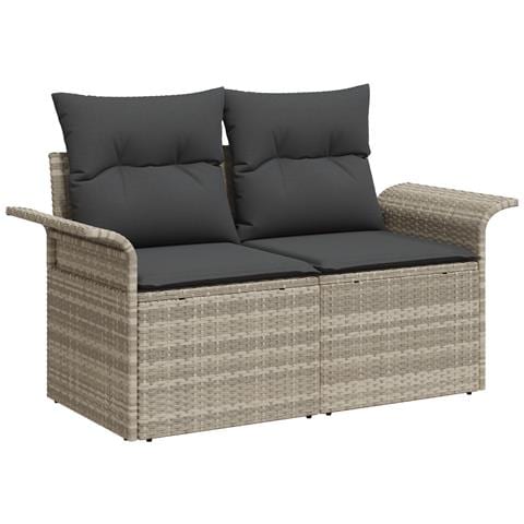 Set di Divano da Giardino a 7 Pezzi con Cuscini Grigio Chiaro in Rattan Polietilene, Divano da Giardino a 2 Posti con Ripostiglio e Cuscini Grigio Chiaro in Rattan Polietilene - Foto 2