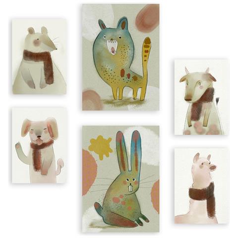 Set Di 6 Stampe Coniglietti E Cuccioli 1 In Animali Astratti Dipinti Decorativi Estetici Per Il Tuo Soggiorno, Camera Da Letto, Casa A3 & A4 Senza Cornice - Foto 1