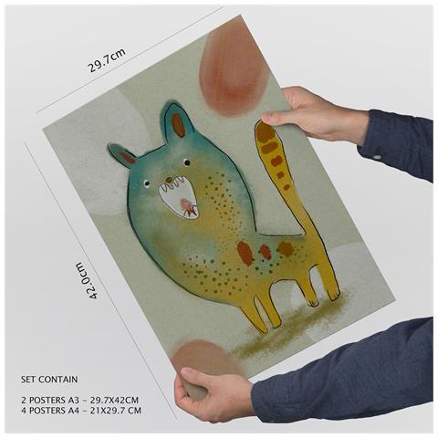 Set Di 6 Stampe Coniglietti E Cuccioli 1 In Animali Astratti Dipinti Decorativi Estetici Per Il Tuo Soggiorno, Camera Da Letto, Casa A3 & A4 Senza Cornice - Foto 4