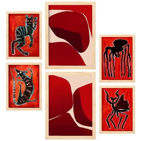 Set Di 6 Stampe Creature Lapidate In Animali Astratti, Dipinti Decorativi Estetici Per Il Tuo Soggiorno A Casa A3 & A4 Telaio In Legno Chiaro - Foto 1