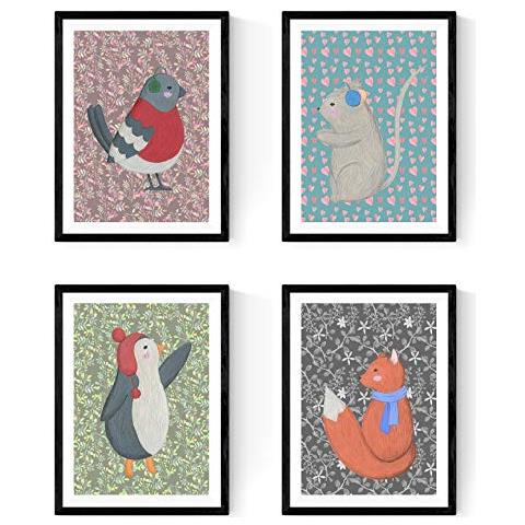 Set Di 4 Stampe Animali Piccione Scoiattolovolpe E Pinguino Per Arredare La Cameretta Dei Bambini Unisex Poser In Nordico E Scandinavo Cornice Nera A4 - Foto 1