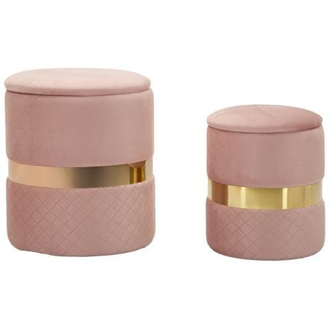 Set 2 Pouf Contenitore Sheffield In Velluto Rosa Con Fascia Dorata Ø37x42 E Ø28x35 Cm - Foto 1