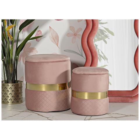 Set 2 Pouf Contenitore Sheffield In Velluto Rosa Con Fascia Dorata Ø37x42 E Ø28x35 Cm - Foto 8