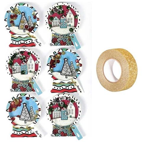 6 Adesivi 3d Di Natale Palline Da Neve 5 Cm + Washi Tape Dorato 5 M - Foto 2