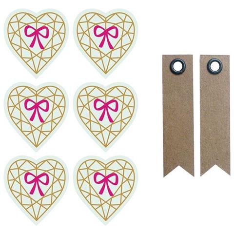 Adesivi 3d 4 Cm - Cuore Diamante Su Verde Chiaro + 20 Etichette Kraft Con Gagliardetto - Foto 1