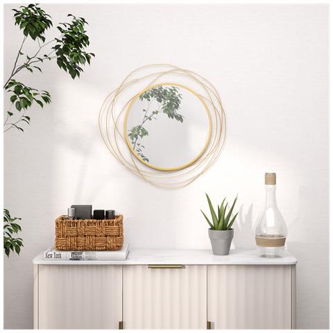 Specchio Moderno E Rotondo Decorativo A Muro Con Ganci, In Vetro E Metallo, Ø65x1 Cm, Oro - Foto 2