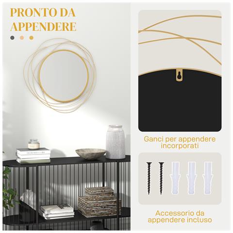Specchio Moderno E Rotondo Decorativo A Muro Con Ganci, In Vetro E Metallo, Ø65x1 Cm, Oro - Foto 6