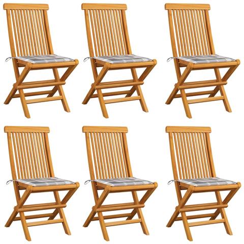 Sedie Da Giardino E Cuscini Grigi A Quadri 6 Pz Massello Teak - Foto 2