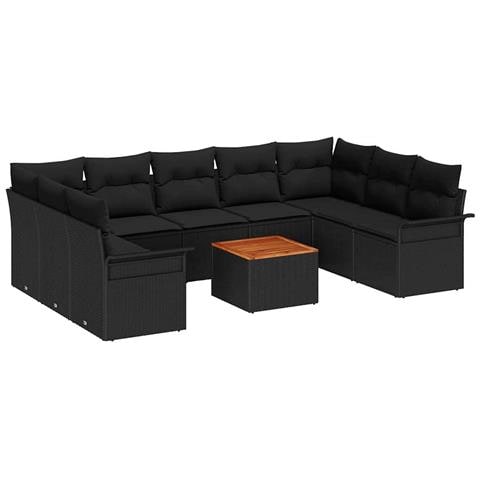 Set Divano da Giardino  10 pezzi con cuscini Nero Polyrattan Acacia, Divano da Giardino 2 posti  con storage e cuscini Nero Polyrattan - Foto 1