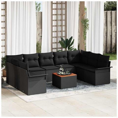 Set Divano da Giardino  10 pezzi con cuscini Nero Polyrattan Acacia, Divano da Giardino 2 posti  con storage e cuscini Nero Polyrattan - Foto 2