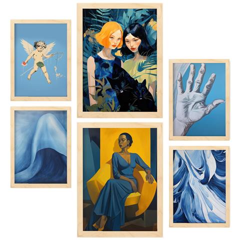 Set Di 6 Stampe Calma Tonalità Blu In Versatili Dipinti Decorativi Estetici Per Il Tuo Soggiorno, Camera Da Letto E Casa A3 & A4 Telaio In Legno Chiaro - Foto 1
