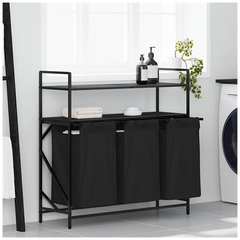 Cesto Portabiancheria 3 Scomparti con Ripiani Rovere Nero - Foto 2