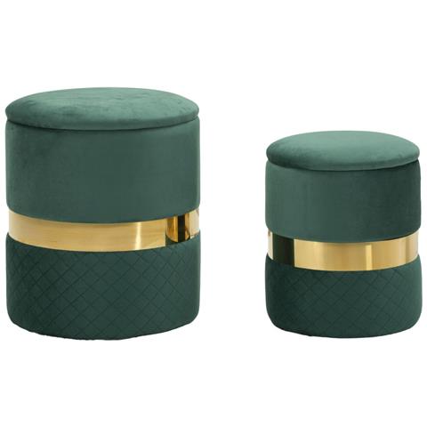 Set 2 Pouf Contenitore Sheffield In Velluto Verde Con Fascia Dorata Ø37x42 E Ø28x35 Cm - Foto 1