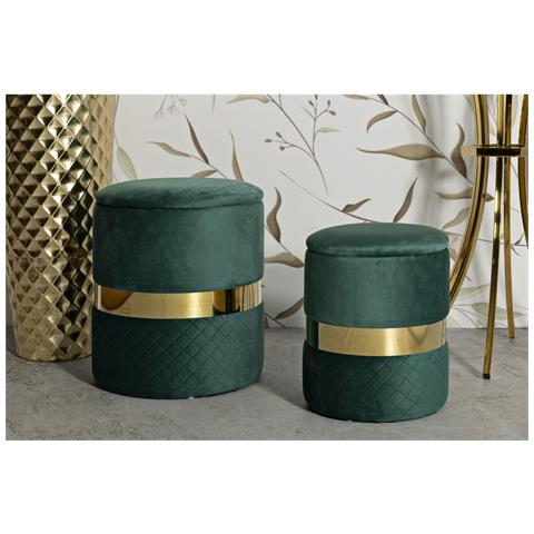 Set 2 Pouf Contenitore Sheffield In Velluto Verde Con Fascia Dorata Ø37x42 E Ø28x35 Cm - Foto 8