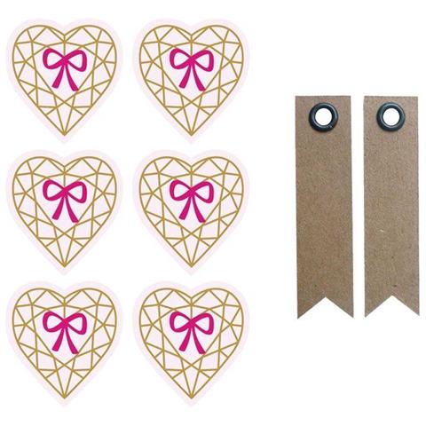 Adesivi 3d 4 Cm - Cuore Ciamante Su Rosa Chiaro + 20 Etichette Kraft Con Gagliardetto - Foto 1
