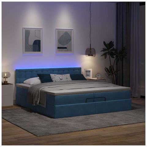 Pouf Letto Con Materassi E Led Blu Scuro 200x200cm Velluto - Foto 3