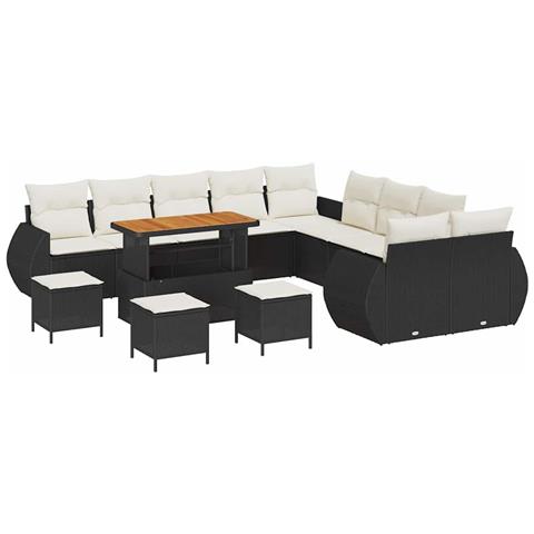 Set di divani da giardino 14 pezzi con cuscini in polyrattan nero e acacia, Set da pranzo da giardino 4 pezzi con cuscini in polyrattan nero e acacia - Foto 1
