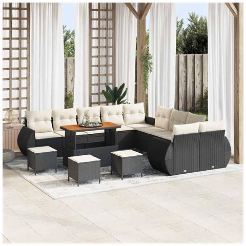Set di divani da giardino 14 pezzi con cuscini in polyrattan nero e acacia, Set da pranzo da giardino 4 pezzi con cuscini in polyrattan nero e acacia - Foto 2