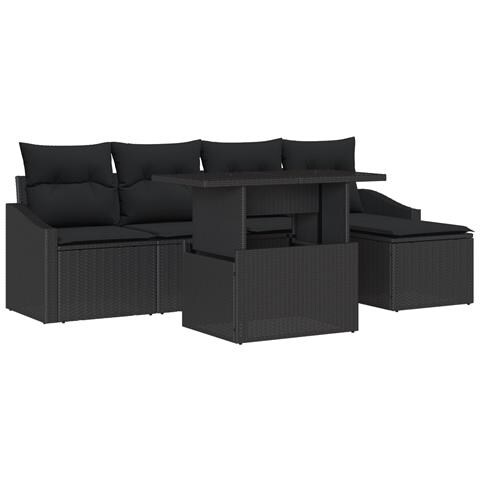 Set di divano da giardino a 6 pezzi con cuscini in polyrattan nero - Foto 1