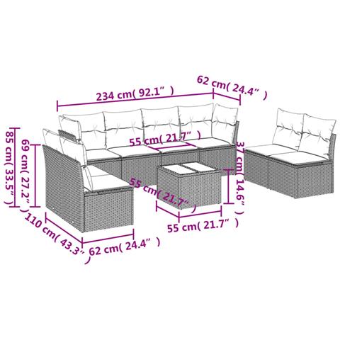 Set Divano da Giardino 9pz con Cuscini Grigio Chiaro Polyrattan - Foto 3