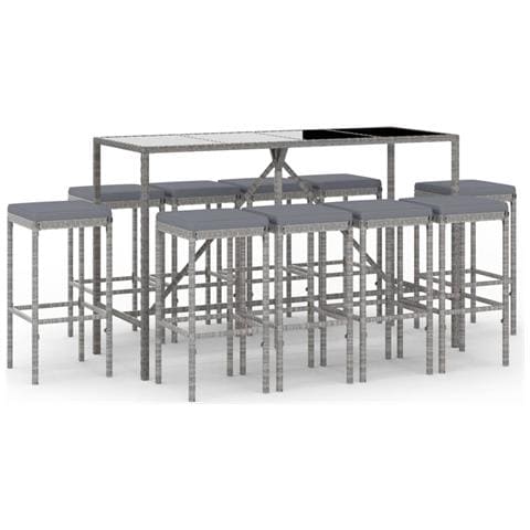 Set Bar da Giardino 11 pz con Cuscini in Polyrattan Grigio - Foto 1