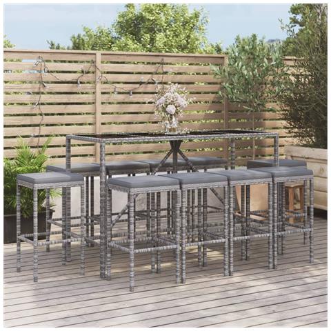 Set Bar da Giardino 11 pz con Cuscini in Polyrattan Grigio - Foto 2