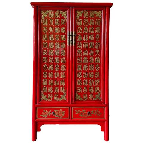 Armadio In Legno Dipinto A Mano, 2 Porte E 2 Cassetti, Rosso 100x57x183 - Foto 2