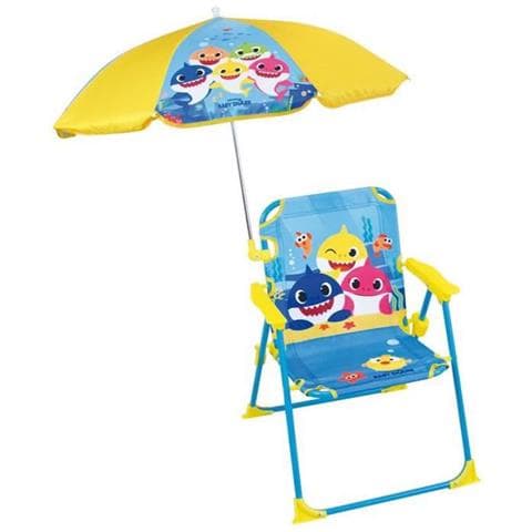 Baby Shark Sedia Da Campeggio Pieghevole Con Ombrellone - H. 38,5 X L. 38,5 X P. 37,5 Cm + Ombrellone Ø 65 Cm - Per Bambini - Foto 1