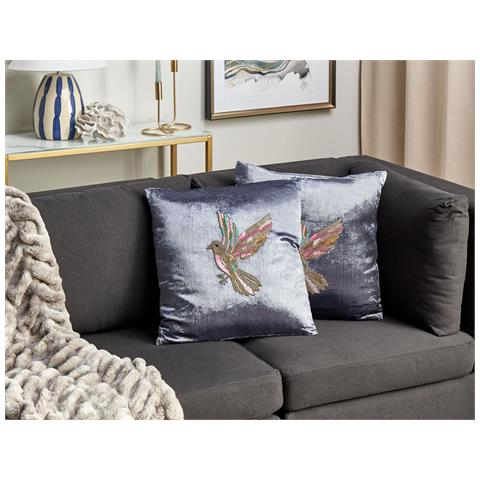 Set Di 2 Cuscini Ruellia Velluto 45 X 45 Cm Animalier Ricamato Grigio - Foto 1
