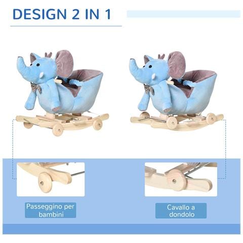 Animale a Dondolo a forma di Elefante con Rotelle e Cintura, in Peluche, Legno e Acciaio, 60x35x45 cm, Blu - Foto 2