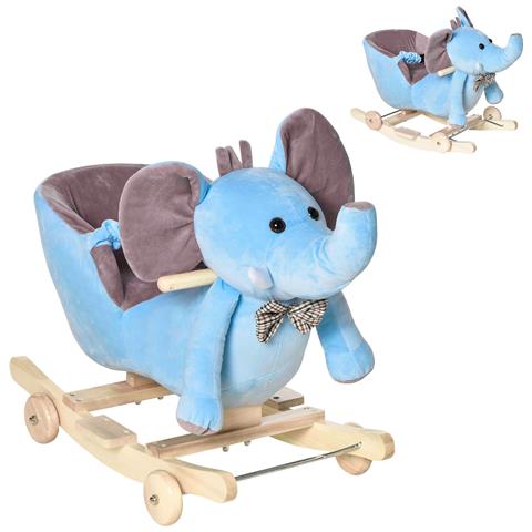 Animale a Dondolo a forma di Elefante con Rotelle e Cintura, in Peluche, Legno e Acciaio, 60x35x45 cm, Blu - Foto 1