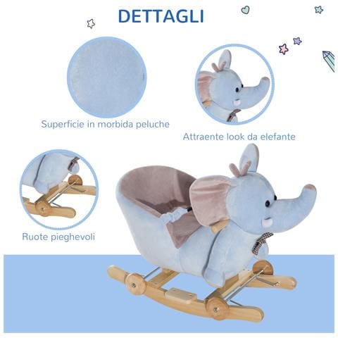 Animale a Dondolo a forma di Elefante con Rotelle e Cintura, in Peluche, Legno e Acciaio, 60x35x45 cm, Blu - Foto 6