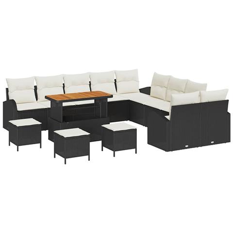 Set di Divani da Giardino  14 Pezzi con Cuscini in Rattan Polietilene Nero, Divano da Giardino  2 Posti con Cuscini in Rattan Polietilene Nero, Set di Pranzo da Giardino  4 Pezzi con Cuscini in Rattan Polietilene Nero - Foto 1