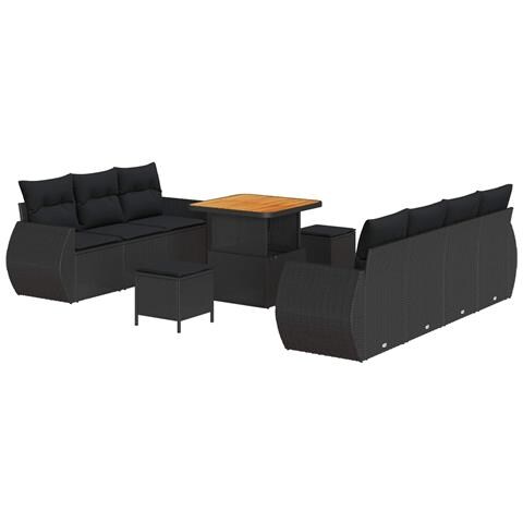 Set Divano da Giardino  10 Pezzi con Cuscini Nero Polyrattan Acacia, Set da Pranzo da Giardino  3 Pezzi con Cuscini Nero Polyrattan Acacia - Foto 1