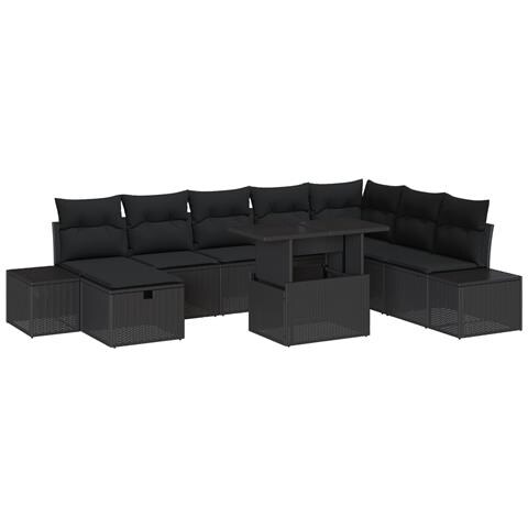 Set Divano da Giardino 9 Pezzi con Cuscini Nero Polyrattan - Foto 1