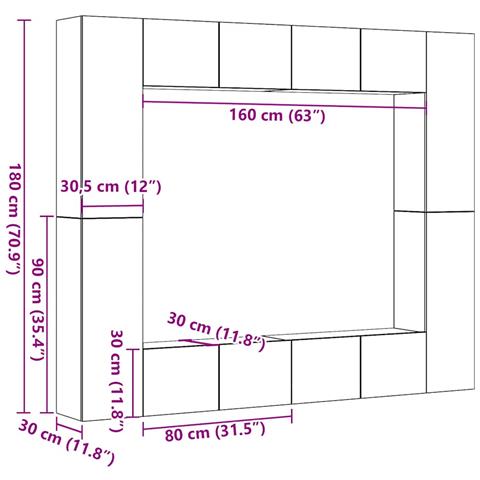 Set Mobile TV 8 pz Montato a Parete Rovere in Legno Multistrato - Foto 9