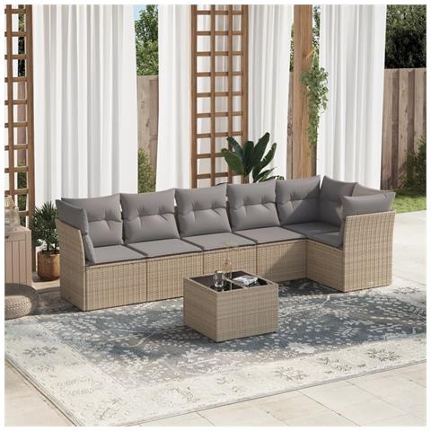 Set Divani da Giardino 7 pz con Cuscini Beige in Polyrattan - Foto 2
