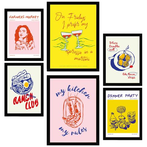 Set Di 6 Stampe Illustrazioni Decorative Di Cibo E Vino In Stile Pop Art Incorniciate Con Illustrazioni A3 & A4 Cornice Nera - Foto 1
