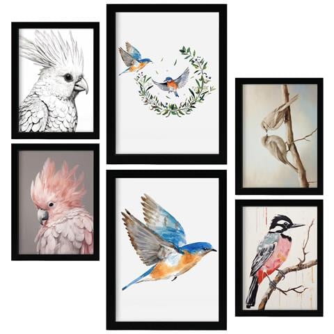 Set Di 6 Stampe Collezioni Di Uccelli Nella Scuola Materna Dipinti Decorativi Estetici Per Il Tuo Soggiorno, Camera Da Letto, Casa A3 & A4 Cornice Nera - Foto 1
