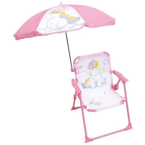 Unicorn Sedia Da Campeggio Pieghevole Con Ombrellone - H. 38,5 X L. 38,5 X P. 37,5 Cm + Ombrellone Ø 65 Cm - Per Bambini - Foto 1