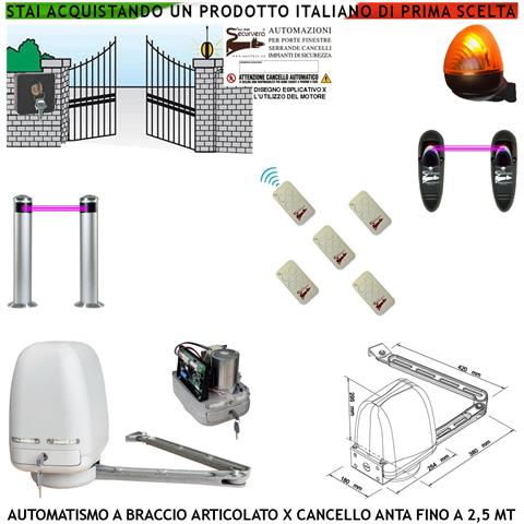 Automazione Cancello Kit Motore A Braccio Articolato 220/24 V Anta Da 0,5 A 2,5 Mt Centrale 5 Radiocomandi Faro Selett - Foto 1