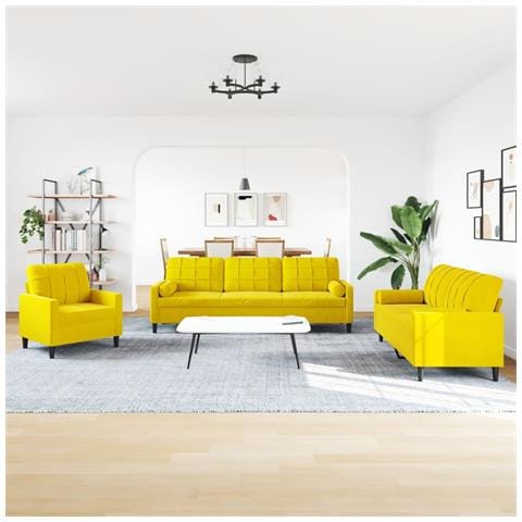 Set Di Divani 3 Pz Con Cuscini E Rinforzi Giallo In Velluto - Foto 3