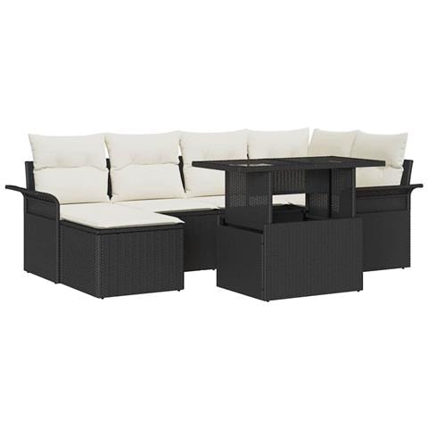 Set da Giardino 7 Pezzi con Cuscini Nero in Polyrattan - Foto 1