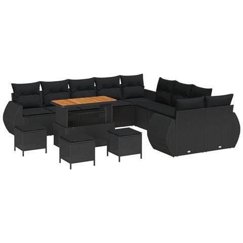 Set di divani da giardino  14 pezzi con cuscini in rattan polio nero e acacia, Set di pranzo da giardino  4 pezzi con cuscini in rattan polio nero e acacia - Foto 1