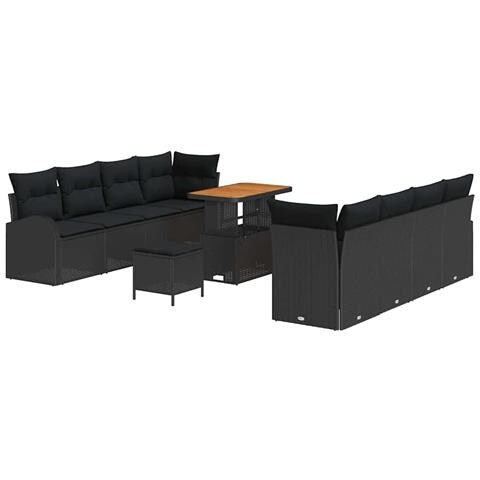 Set di divani da giardino da 11 pezzi con cuscini in polyrattan nero e acacia,  Divano da giardino 2 posti con cuscini in polyrattan nero,  Set di pranzo da giardino da 3 pezzi con cuscini in polyrattan nero e acacia - Foto 1